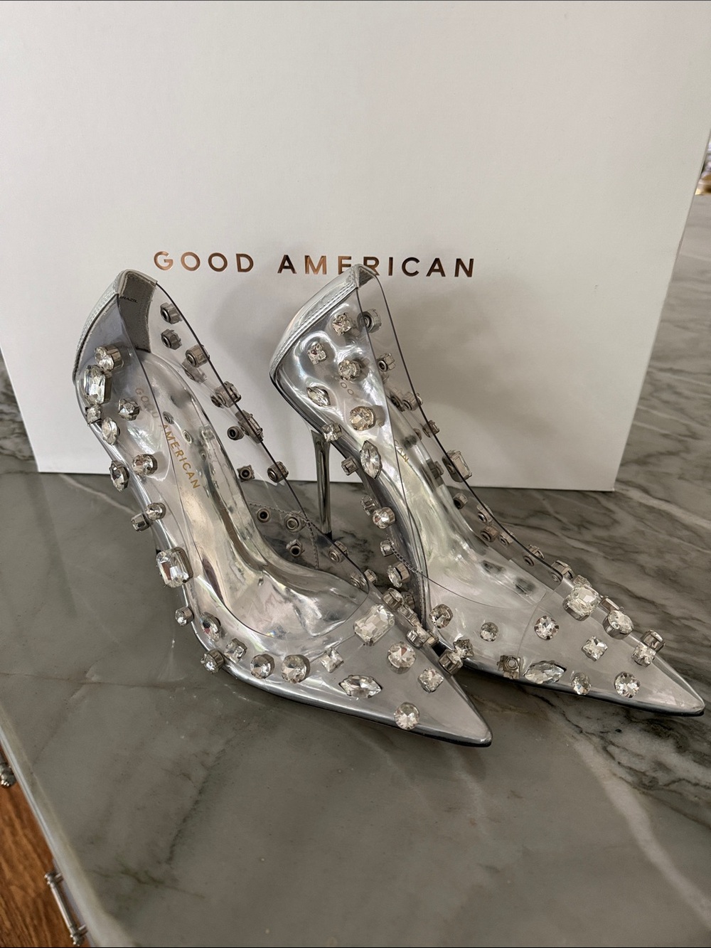 Good American Silver Crystal-Embellished Clear Pumps